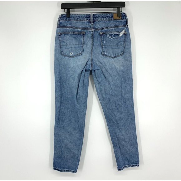 American Eagle Jeans Boy Crop Button Fly Blue Distressed Denim - Picture 8 of 12